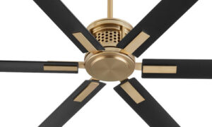 Zeus Collection 65” 6-Blade Ceiling Fan in Aged Brass with Matte Black Blades Quorum 10656-80