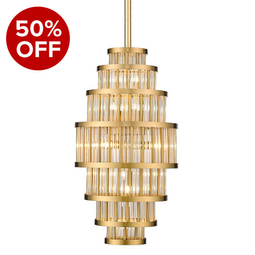 Waldorf Collection 8-Light Pendant in Antique Brass with Crystal Cylinder Rings Avenue HF 1924AB